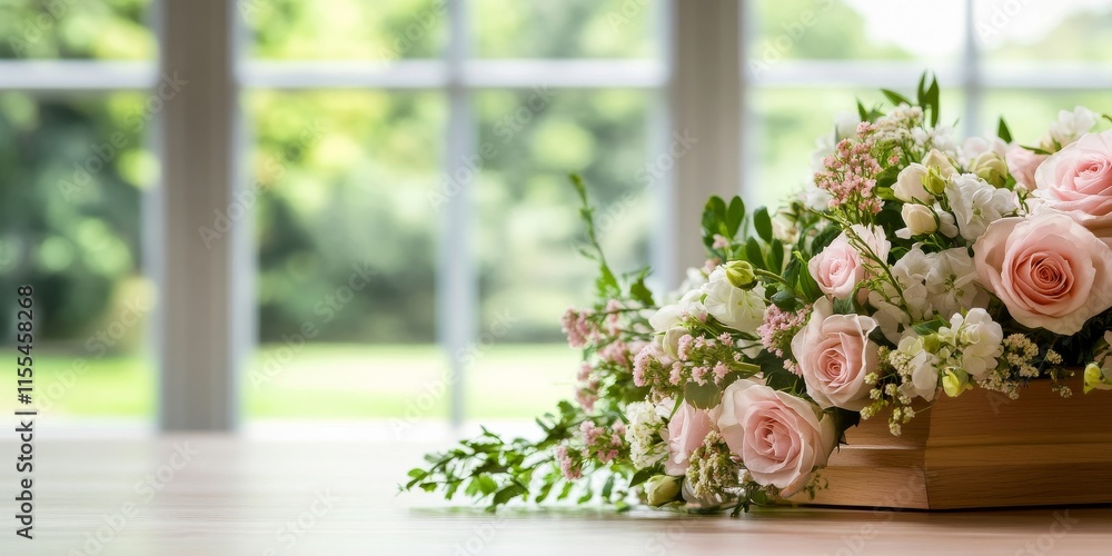 Elegant funeral bouquet of pink roses and white flowers on a wooden table by a sunny window Elegant funeral bouquet of pink roses and white flowers on a wooden table by a sunny window
