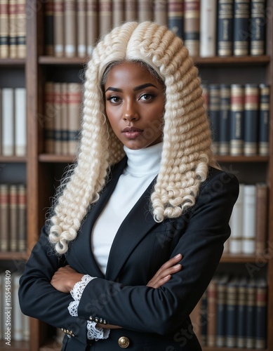 Confident Black female lawyer wearing a traditional wig, standing in front of bookcases filled with legal volumes.