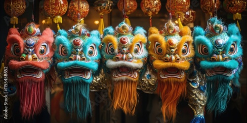 Vibrant lion dance masks displayed at cultural festival market decorative art energetic atmosphere close-up view photo