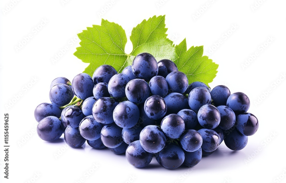 Fototapeta premium Fresh ripe dark-purple grapes with green leaves isolated on white background.