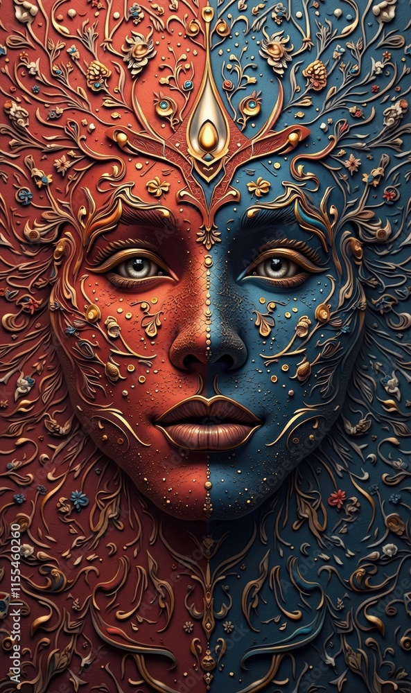 Naklejka premium A captivating illustration combining vibrancy and depth, showcasing a womans face beautifully adorned with intricate designs, symbolizing duality and harmony.
