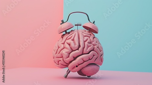 Pink alarm clock in the form of a brain on a pastel backdrop photo