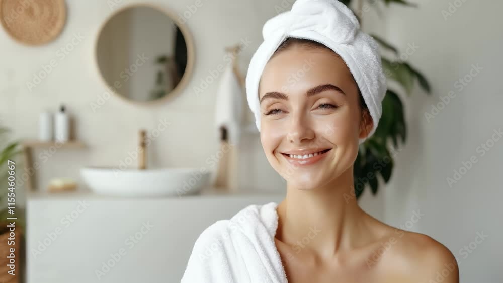 Serene woman with a towel wrapped around her head relaxes in a bright bathroom enjoying a spa day. Serene woman with a towel wrapped around her head relaxes in a bright bathroom enjoying a spa day.