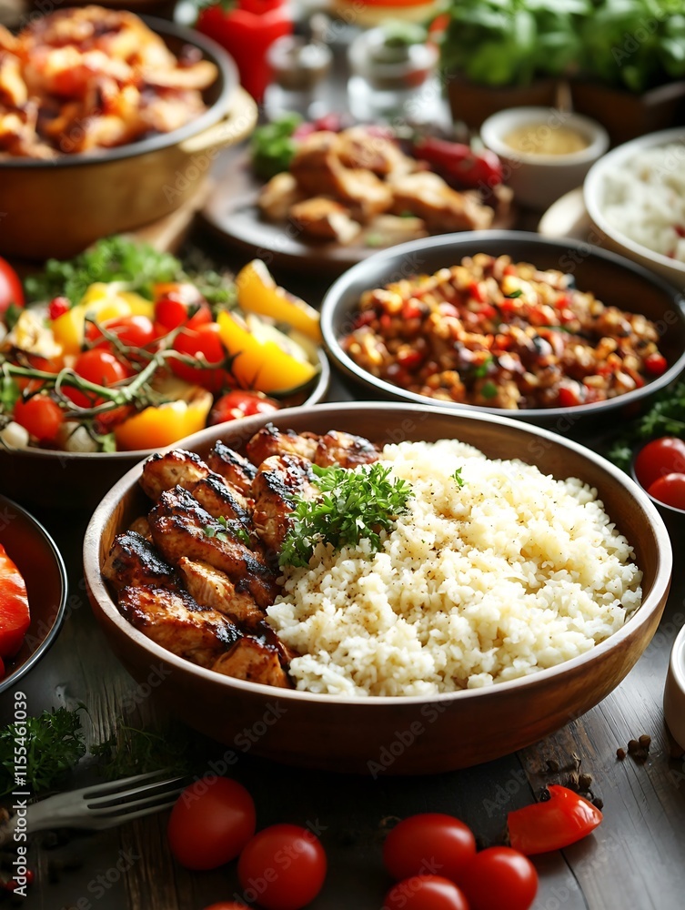Deliciously Grilled Chicken with Fluffy Rice and Vibrant Vegetables in Wooden Bowls : Generative AI Deliciously Grilled Chicken with Fluffy Rice and Vibrant Vegetables in Wooden Bowls : Generative AI