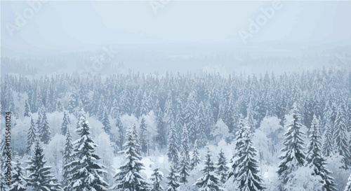 A winter forest scene, painted in a soft, stylized style.  A snowy path winds through a dense forest of snow-covered fir trees.