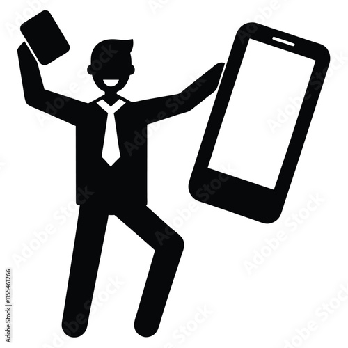 a vector silhouette of A smart man leans casually on a digital progress bar interface, holding a mobile phone,