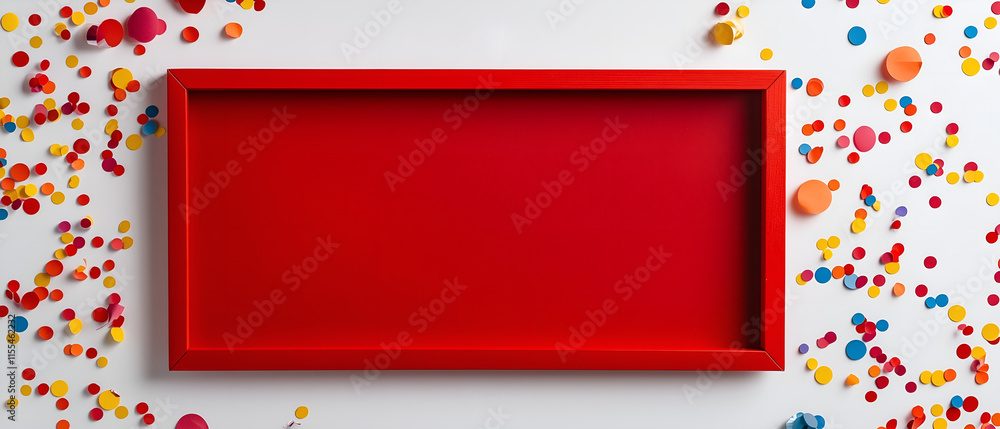 festive, colorful & bold empty red painting frame surrounded with confetti; concept of party, birthday celebration festive, colorful & bold empty red painting frame surrounded with confetti; concept of party, birthday celebration