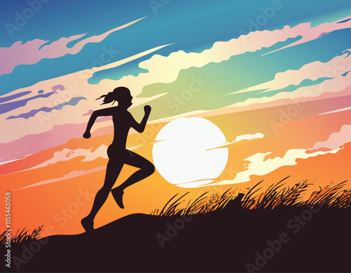 Silhouette of a girl running on a hill for fitness