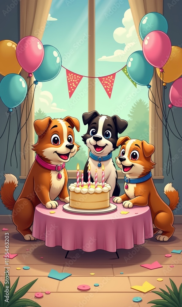Celebrate special moments with this cute illustration of three dogs at a birthday party, perfect for pet-related marketing, invitations, or social media content. Celebrate special moments with this cute illustration of three dogs at a birthday party, perfect for pet-related marketing, invitations, or social media content.