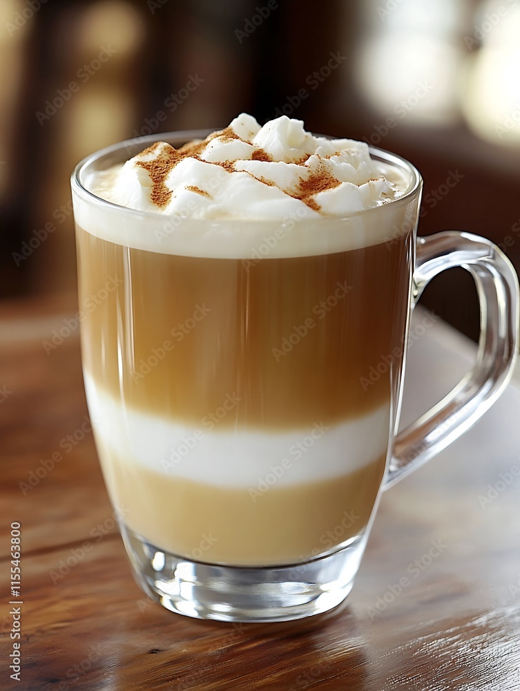 Deliciously Layered Latte Macchiato with Creamy Froth in Glass Mug on Wooden Table : Generative AI