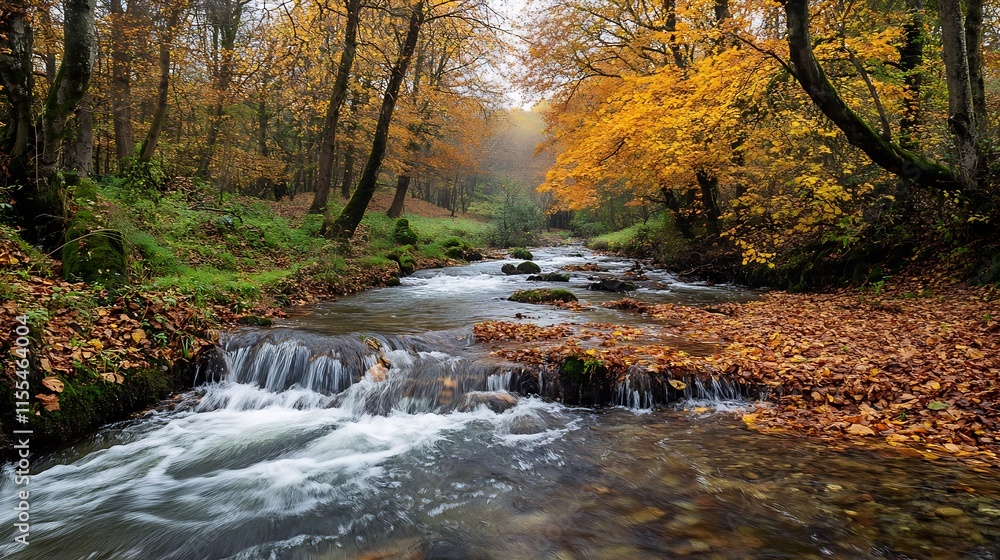 Scenic Autumn River Surrounded by Lush Golden Forest and Gentle Waterfalls : Generative AI Scenic Autumn River Surrounded by Lush Golden Forest and Gentle Waterfalls : Generative AI