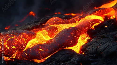 Ropelike lava flow with vibrant glowing textures amidst cooling surfaces : Generative AI photo