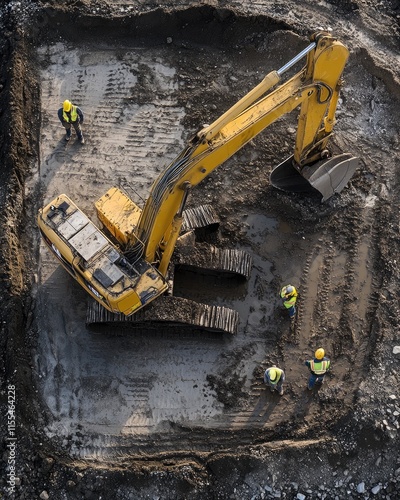 Excavation site with workers and machinery in a construction area. photo