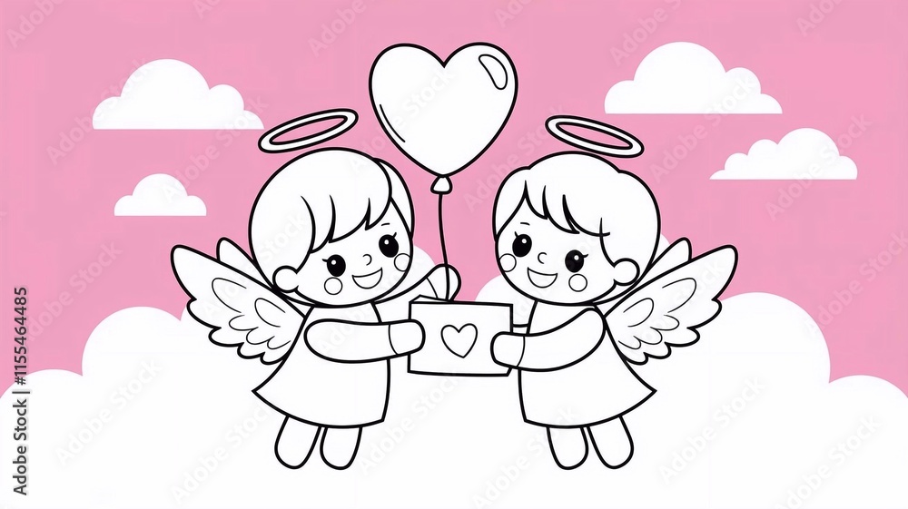 Coloring page cartoon contour with two little angels. Valentine's Day. Coloring book for children Coloring page cartoon contour with two little angels. Valentine's Day. Coloring book for children