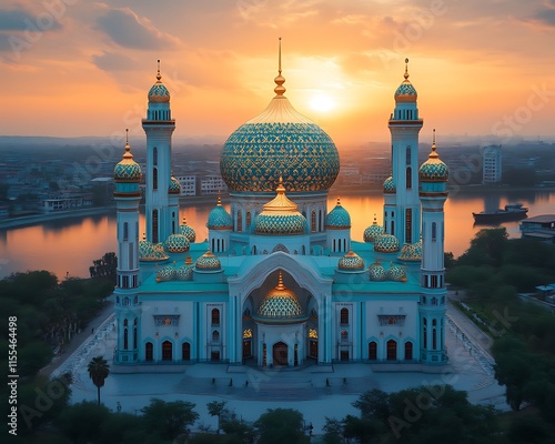 Majestic mosque at sunset, aerial view. photo