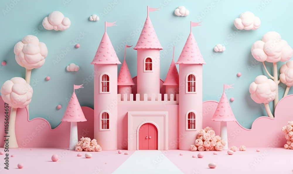 A whimsical pink castle surrounded by fluffy trees and soft clouds, perfect for childrens themes, fantasy illustrations, or playful decor. A whimsical pink castle surrounded by fluffy trees and soft clouds, perfect for childrens themes, fantasy illustrations, or playful decor.