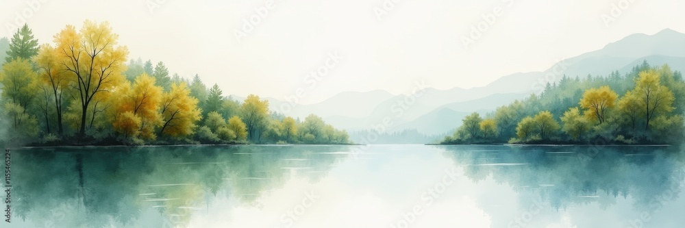 Fototapeta premium Serene landscape capturing a tranquil lake surrounded by autumn foliage and soft mountains, perfect for nature-themed projects or calming visuals.