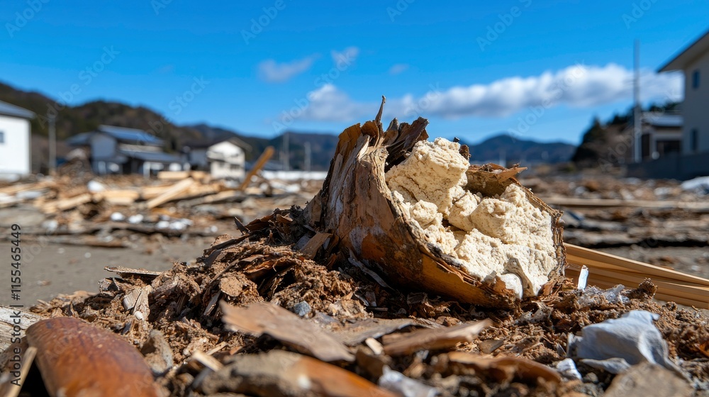 Devastating Tsunami Aftermath Damaged Wooden Structure Reveals Interior Foam Insulation Devastating Tsunami Aftermath Damaged Wooden Structure Reveals Interior Foam Insulation