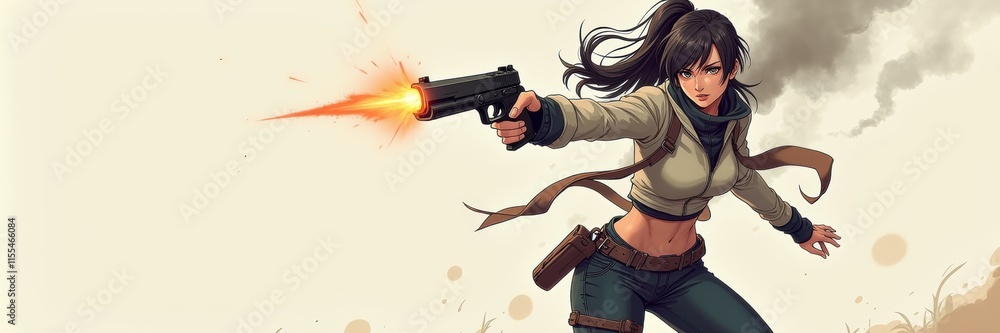 Dynamic illustration of a fierce woman wielding a gun, capturing action and empowerment. Ideal for gaming, comics, or action-related themes. Dynamic illustration of a fierce woman wielding a gun, capturing action and empowerment. Ideal for gaming, comics, or action-related themes.