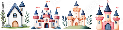 Fairy and myth sparkle, A whimsical collection of colorful castles and a house featuring pointed roofs, rounded windows, and green foliage accents.