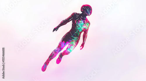 A futuristic astronaut exploring a vibrant nebula with striking magenta and teal tones, their suit reflecting colorful light streaks from the nebula, dramatic angular posture