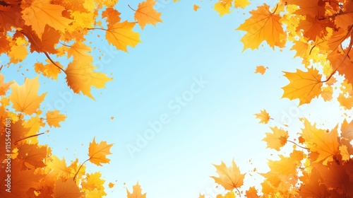 Autumn leaves frame on bright blue sky background.