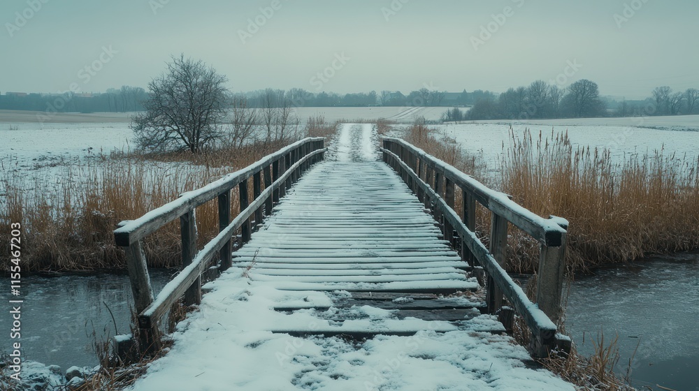 Naklejka premium Snowy wooden bridge over a frozen stream in a winter landscape.