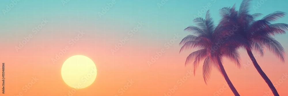 Obraz premium Relaxing sunset with palm trees silhouetted against a pastel orange and blue gradient background in a minimalist style. Generative AI