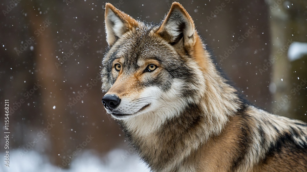 Majestic Wolf in Wintery Woodland Setting with Falling Snowflakes : Generative AI Majestic Wolf in Wintery Woodland Setting with Falling Snowflakes : Generative AI