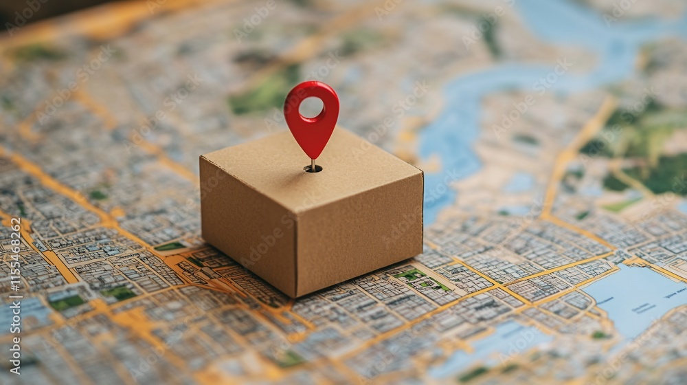 A cardboard box with a location pin on a city map, symbolizing delivery. A cardboard box with a location pin on a city map, symbolizing delivery.