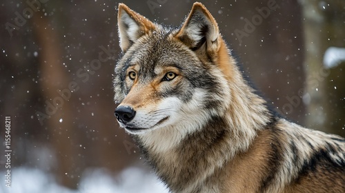 Majestic Wolf in Wintery Woodland Setting with Falling Snowflakes : Generative AI photo