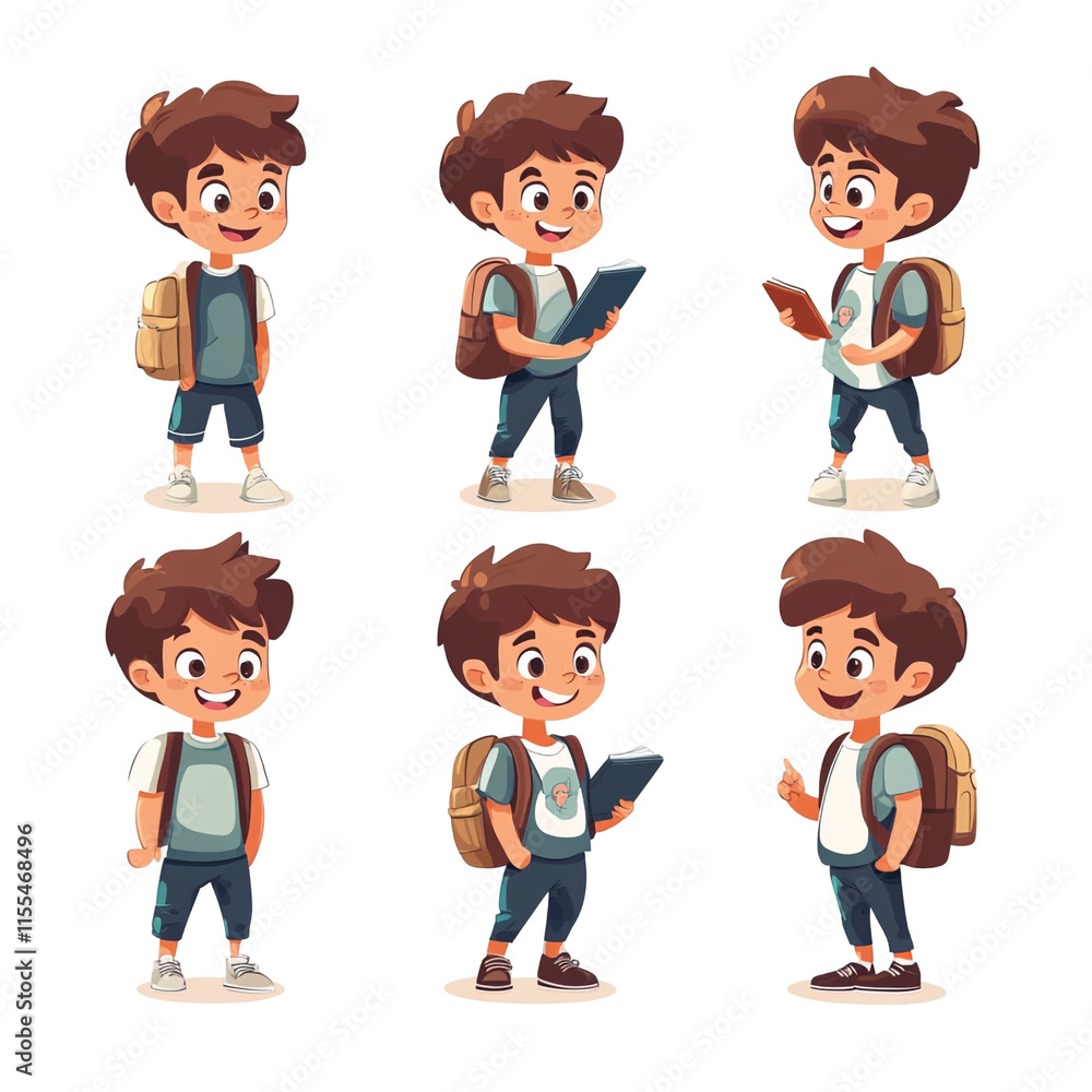 Adorable Schoolboy Cartoon Characters Set Adorable Schoolboy Cartoon Characters Set