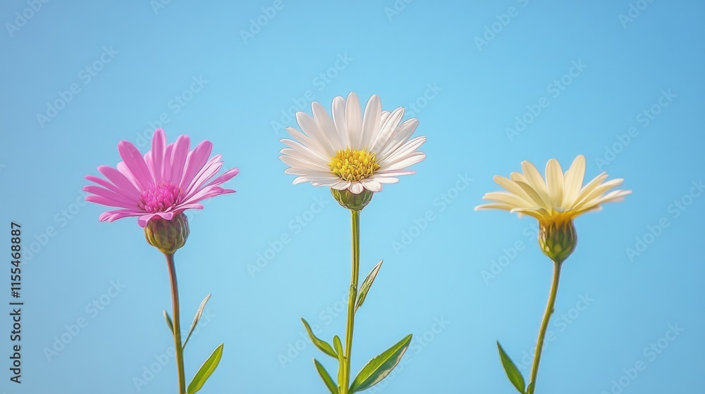 Three daisies in pink, white, and yellow against a blue sky. Three daisies in pink, white, and yellow against a blue sky.