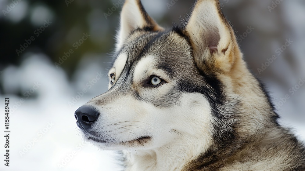 Alert Husky Staring Into the Distance on a Snowy Winter Day : Generative AI Alert Husky Staring Into the Distance on a Snowy Winter Day : Generative AI