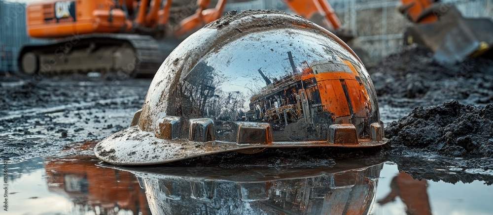 Fototapeta premium Muddy Hard Hat Reflecting Construction Site