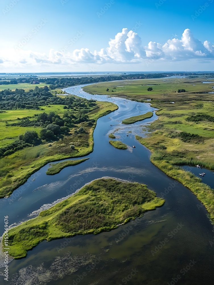 custom made wallpaper toronto digitalSerene Aerial View of Meandering River Through Lush Green Countryside and Fields : Generative AI