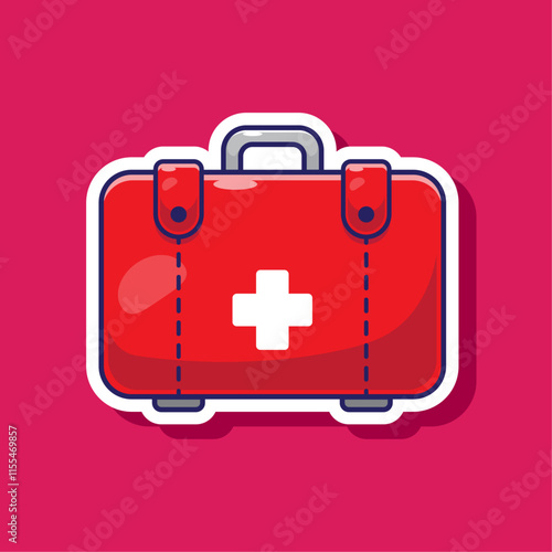 First aid kit medical facility box equipment vector icon illustration emergency accident first prevention. Medical theme sticker with flat style concept