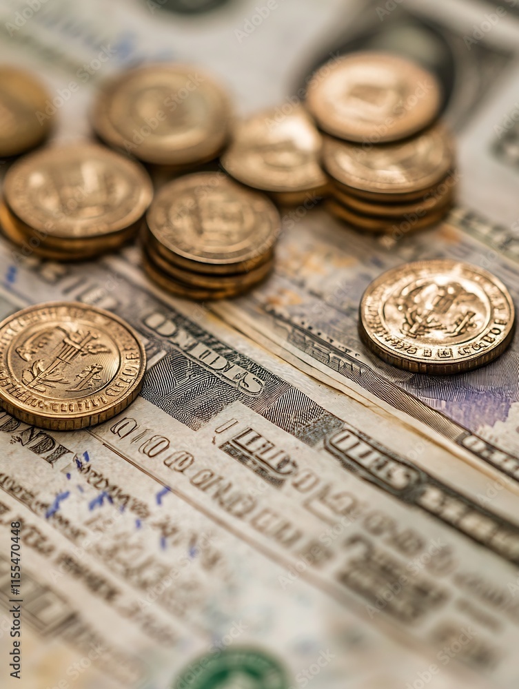 Stacked Coins and Bills on Surface Highlighting Financial Abundance : Generative AI Stacked Coins and Bills on Surface Highlighting Financial Abundance : Generative AI
