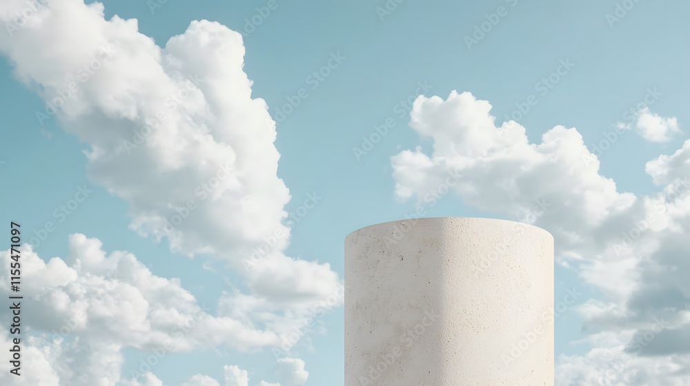 Minimalist Concrete Cylinder Under Bright Sky with White Clouds, Perfect for Modern Design, Architecture, and Abstract Concepts in Stock Photography