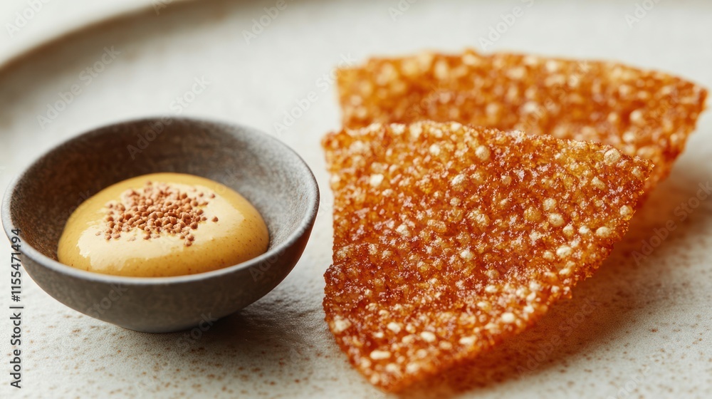 Crispy sesame crackers with mustard dip. Crispy sesame crackers with mustard dip.