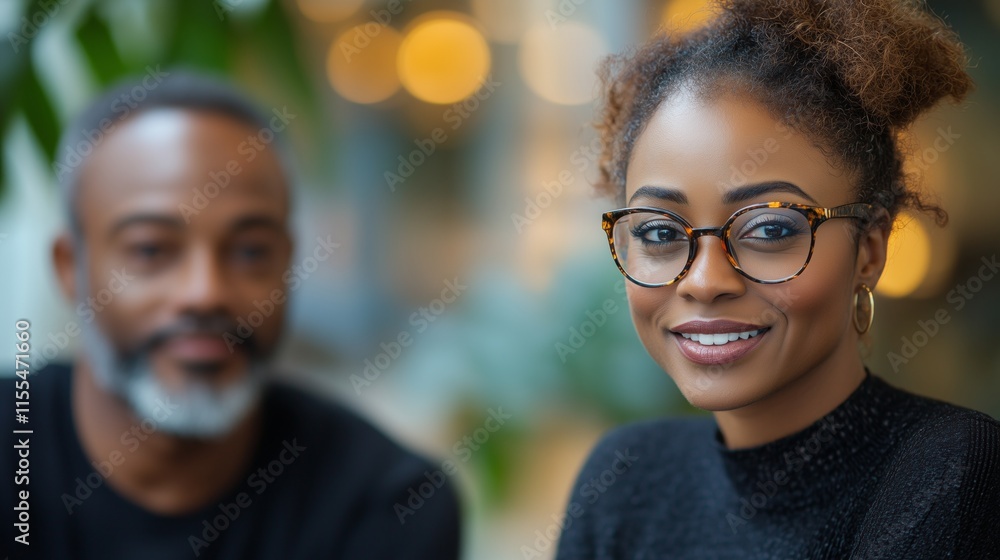 Woman with glasses smiling, sitting indoors with blurred man in background. Woman with glasses smiling, sitting indoors with blurred man in background.