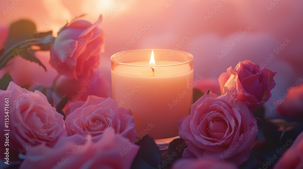 Obraz premium Lit candle surrounded by pink roses at sunset. (1)