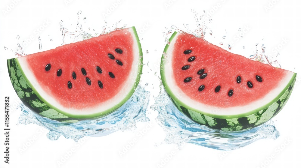 Two watermelon halves with water splash isolated on white background Two watermelon halves with water splash isolated on white background