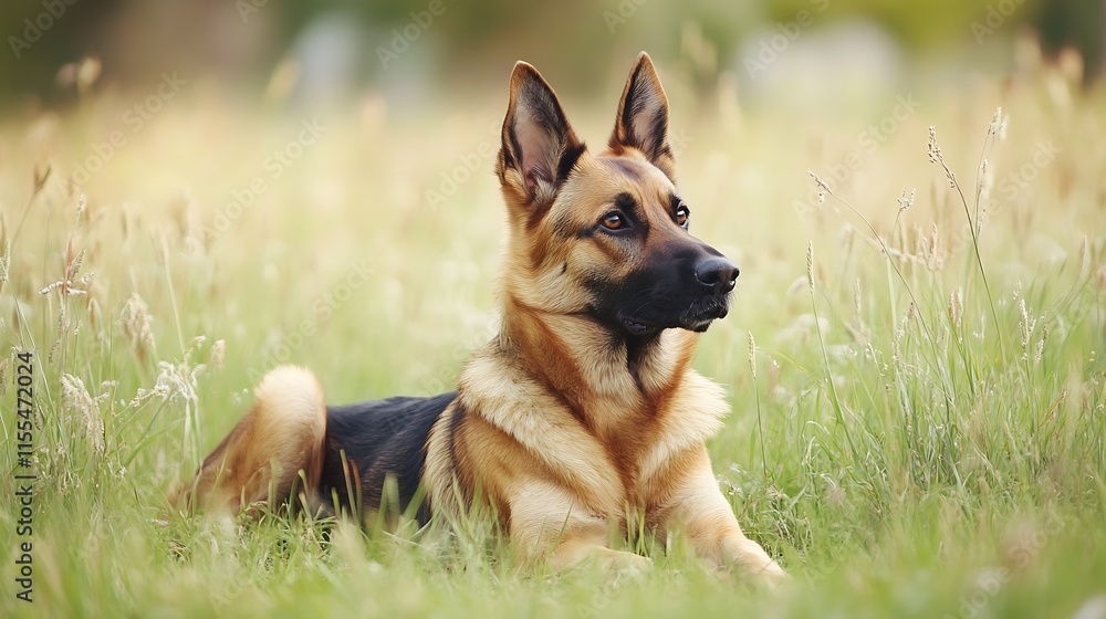 Alert German Shepherd Resting in Natural Meadow Setting Showing Confidence and Strength : Generative AI Alert German Shepherd Resting in Natural Meadow Setting Showing Confidence and Strength : Generative AI