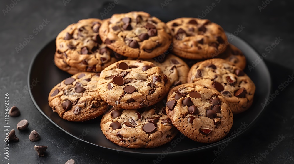 Warm chocolate chip cookies arranged on a sleek black platter Warm chocolate chip cookies arranged on a sleek black platter