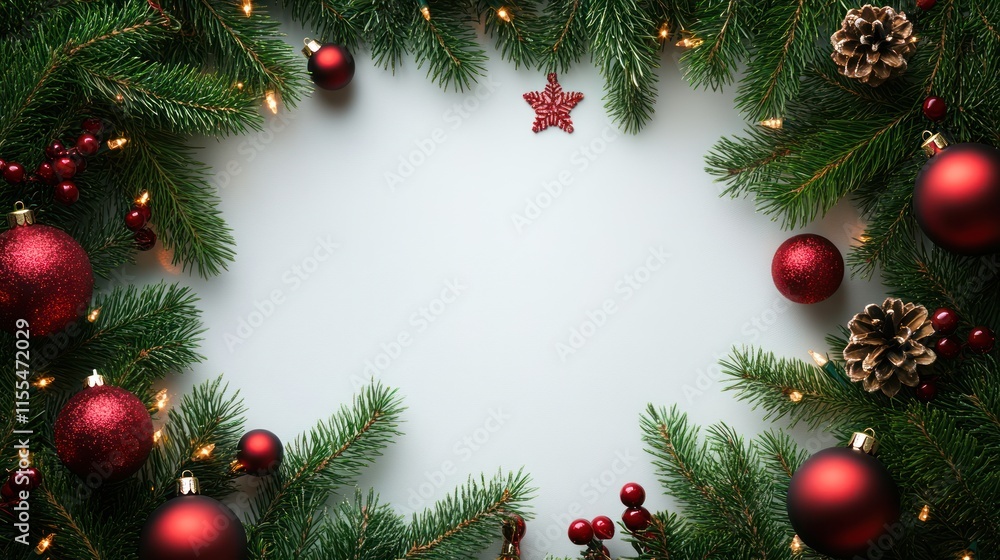 Festive Christmas frame with red ornaments, pine branches, and lights on white background. Festive Christmas frame with red ornaments, pine branches, and lights on white background.