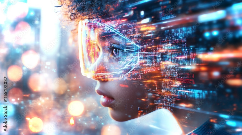 Curly-haired preteen immersed in a cyberpunk virtual reality experience in vibrant cityscape Curly-haired preteen immersed in a cyberpunk virtual reality experience in vibrant cityscape