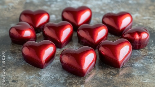 Ten shiny red heart-shaped chocolates on a mottled grey surface. photo