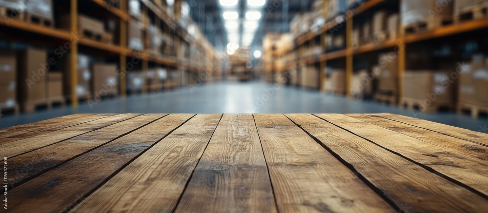 Wooden Tabletop Against Blurred Warehouse Background Wooden Tabletop Against Blurred Warehouse Background