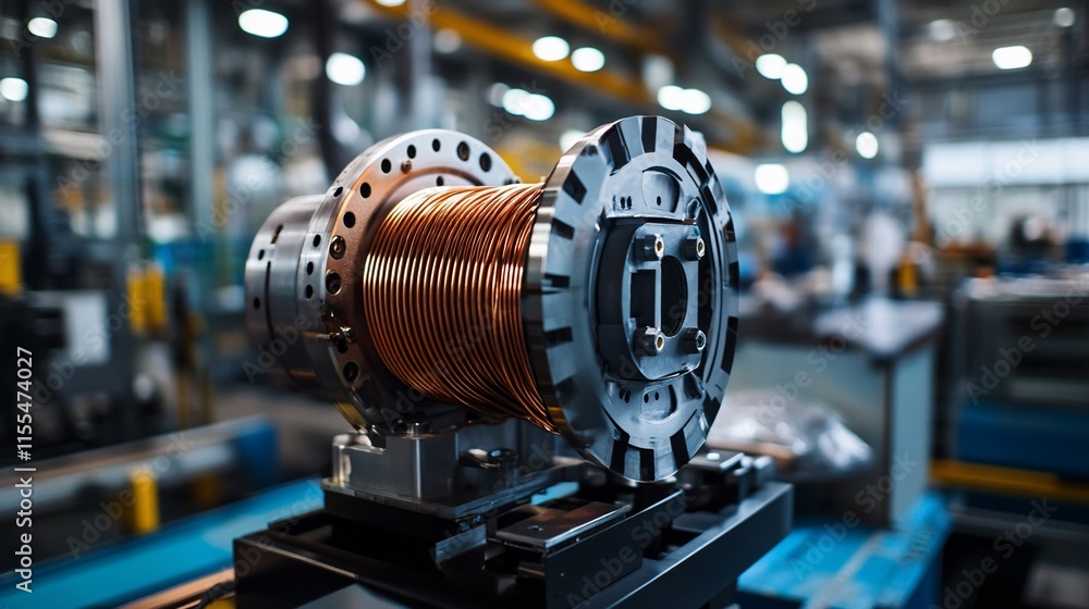 A close-up of a copper coil assembly in a manufacturing facility. A close-up of a copper coil assembly in a manufacturing facility.
